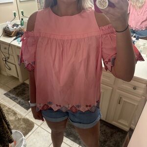 LOFT Pink Embroidered Cold Shoulder Top with bows